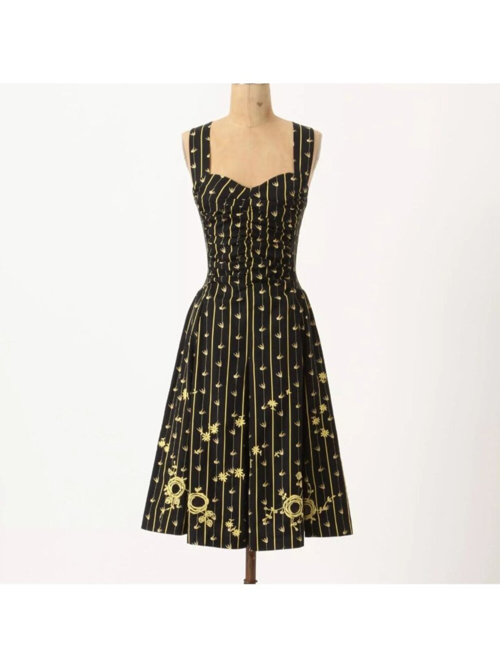 Anthropologie Moulinette Soeurs Dress Size 8 Black Yellow Cotton Floral Midi